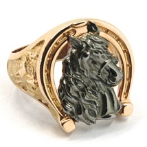 SOLID 18K ROSE BLACK GOLD BAND MAN RING HORSE HEAD HERD HORSESHOE, FINELY WORKED image 1