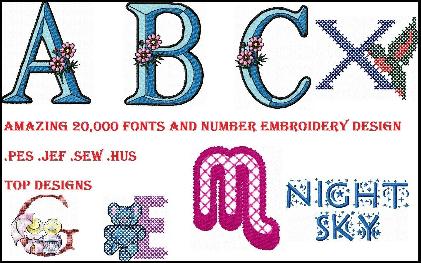 20,000 Fonts & Numbers Machine Embroidery Pattern Designs HUS PES JEF SEW - $27.99