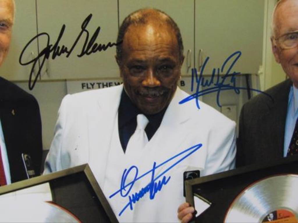 Neil Armstrong John Glenn and Quincy Jones 11 by 17 photo signed Other