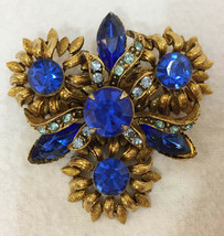 Brooch Pin Flower Floral Blue Rhinestone Stone Triangle Sunflower Brass ... - $37.61