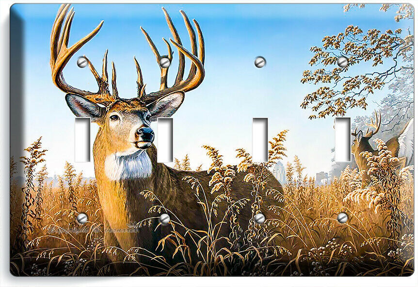 WHITETAIL DEER BUCK ANTLERS 4 GANG LIGHT SWITCH WALL PLATE CABIN ROOM HOME DECOR