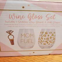 Stemless Wine Glass Set with Wine Stopper, Mom Fuel, New in Box