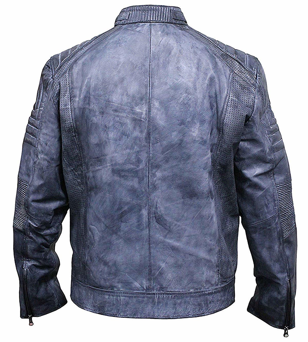 Mens Distressed Grey Leather Jacket Cafe Racer Biker Motorcycle Vintage