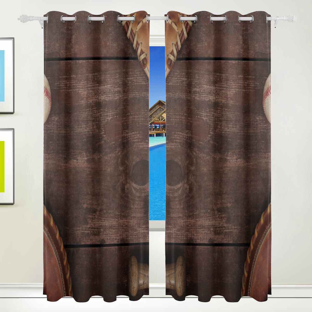 Mens Blackout Curtains Vintage Baseball Sport Print Window Blackout