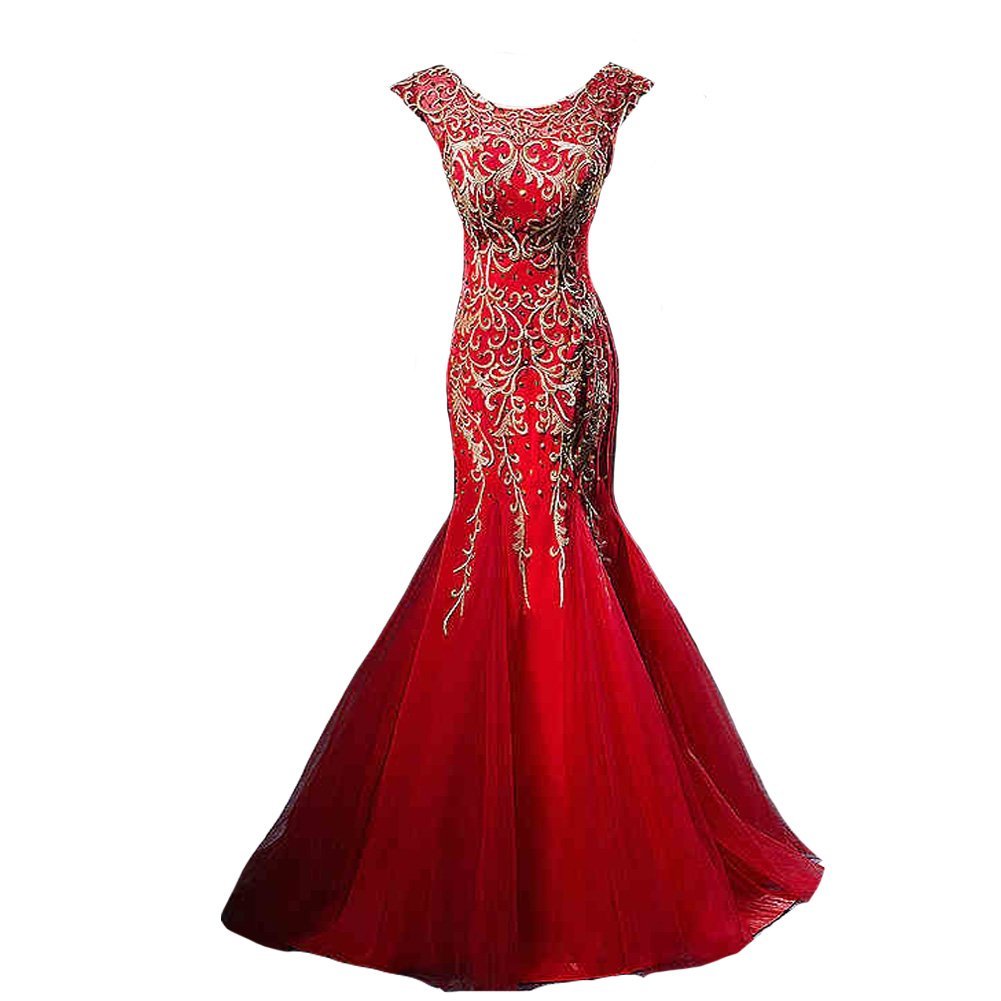Kivary Red Mermaid Tulle Gold Embroidery Beaded Sequins Formal Evening Prom Dres