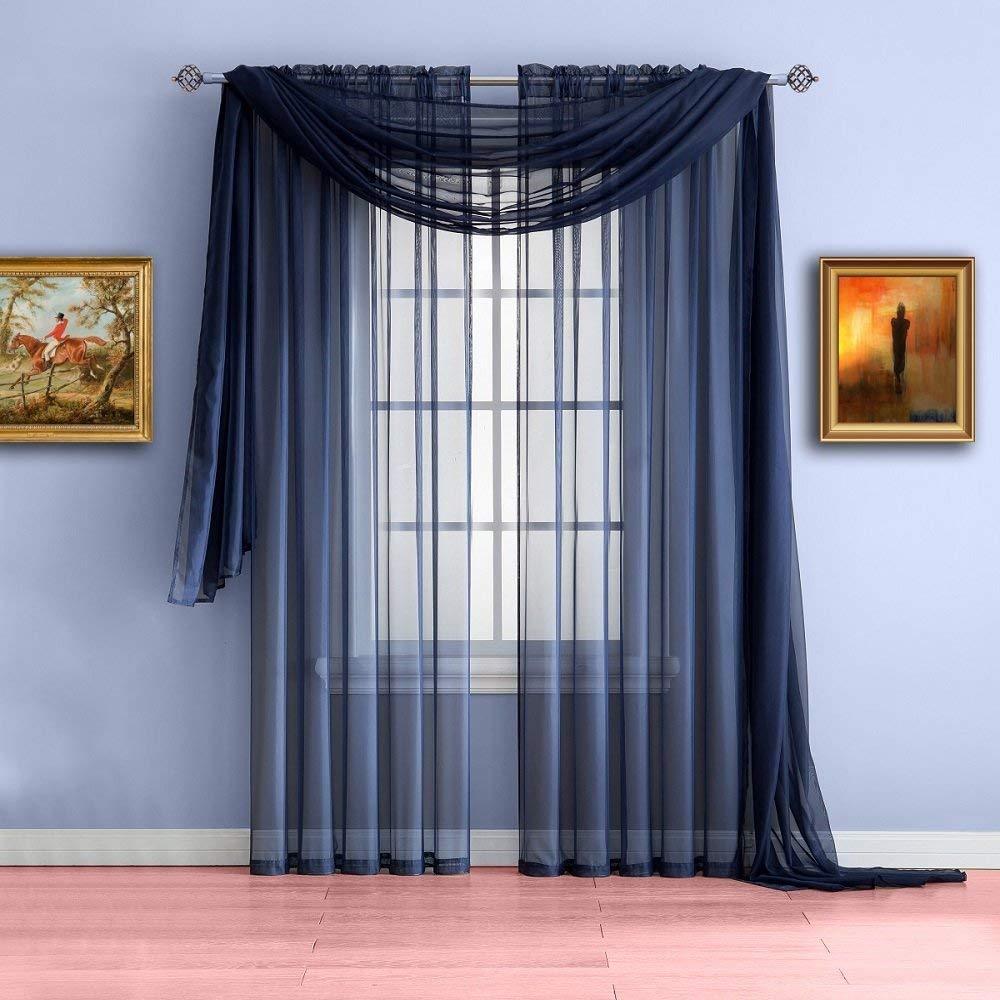 Warm Home Designs Pair of Extra Long Length Navy Blue Sheer Window