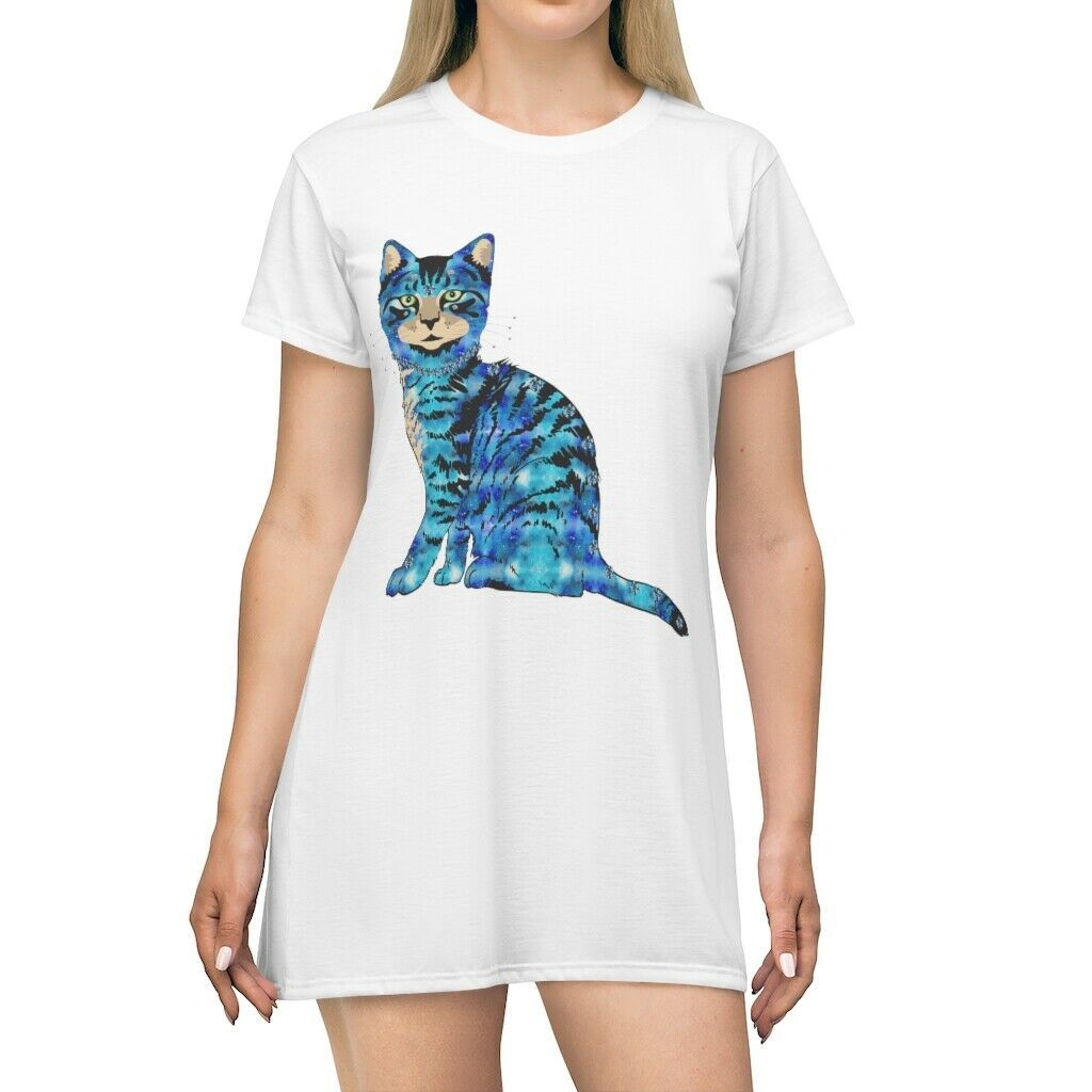 65 MCMLXV Women's ABBA Inspired Blue Bejeweled Disco Cat Print T-Shirt Dress
