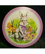 7¼” Tin-White Bunny Rabbit w/Eggs;7¼&quot; x 2¼&quot; Round Tin,Purple Base;EASTER... - $14.99