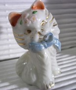Vintage Made In Japan Hand Painted Ceramic White Seated Cat in Blue Bow Figurine - $9.95