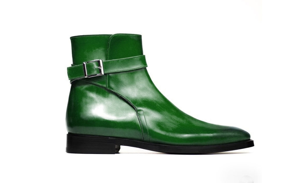 High Ankle BlackSole Green Color Premium Leather Men Jodhpur Rounded Strap Boots