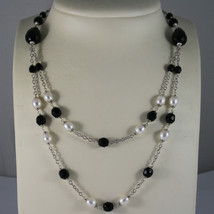 .925 RHODIUM NECKLACE WITH BLACK ONYX AND FRESHWATER WHITE PEARLS image 1