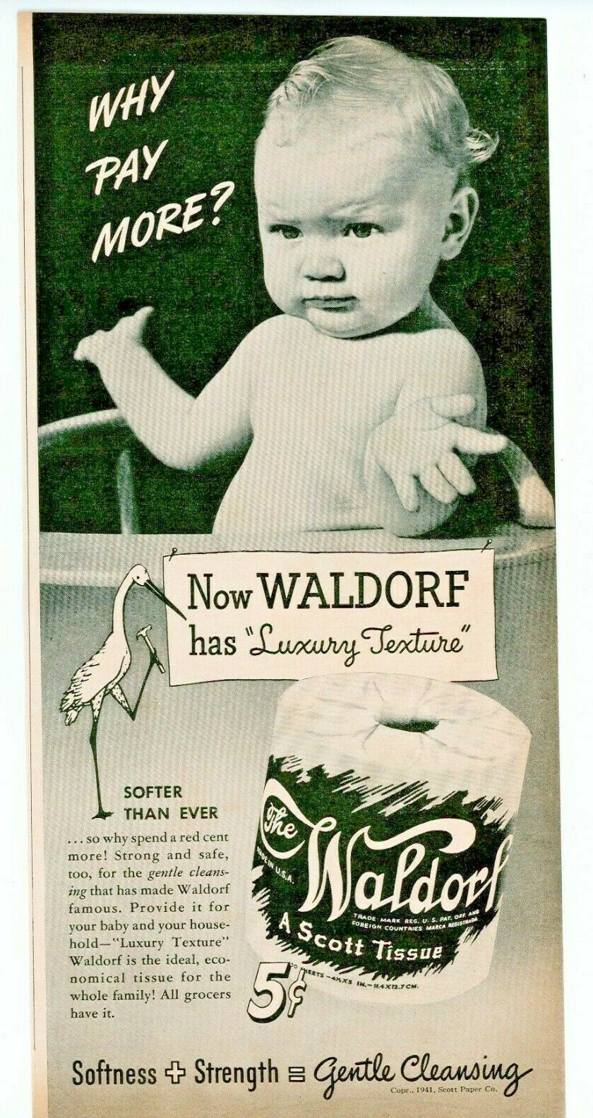Vintage Magazine Ad Waldorf Scott Tissue Toilet Paper Sep 1941 5 1/2" X