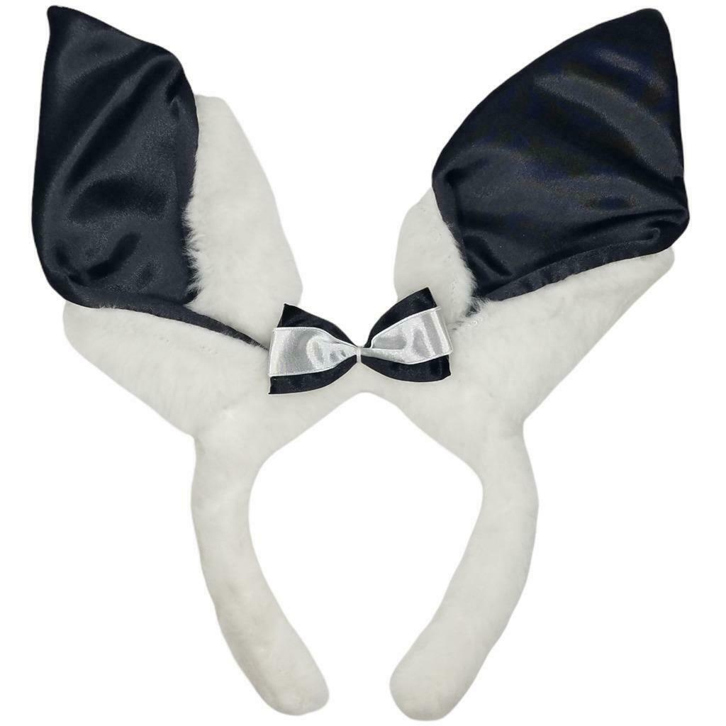 Fuzzy Bunny Ears Headband Black Satin Lining Bow Furry White Rabbit Playboy 1009