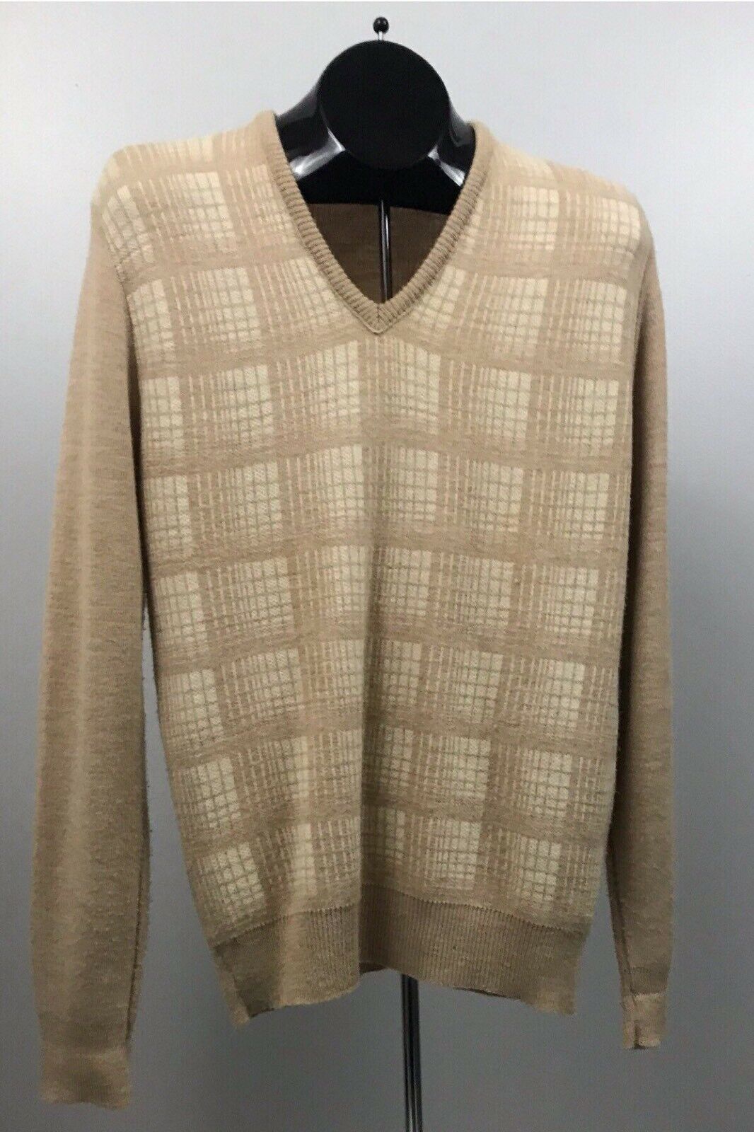 1980s V Neck Sweater / 80s Beige Plaid Checked Sweater Made in USA ...