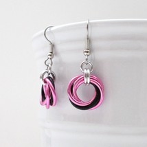 Love knot chainmail earrings, hot pink &amp; black handmade jewelry - $15.00
