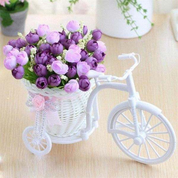 Artificial flowers in bicycle vase silk rose bouquet and basket
