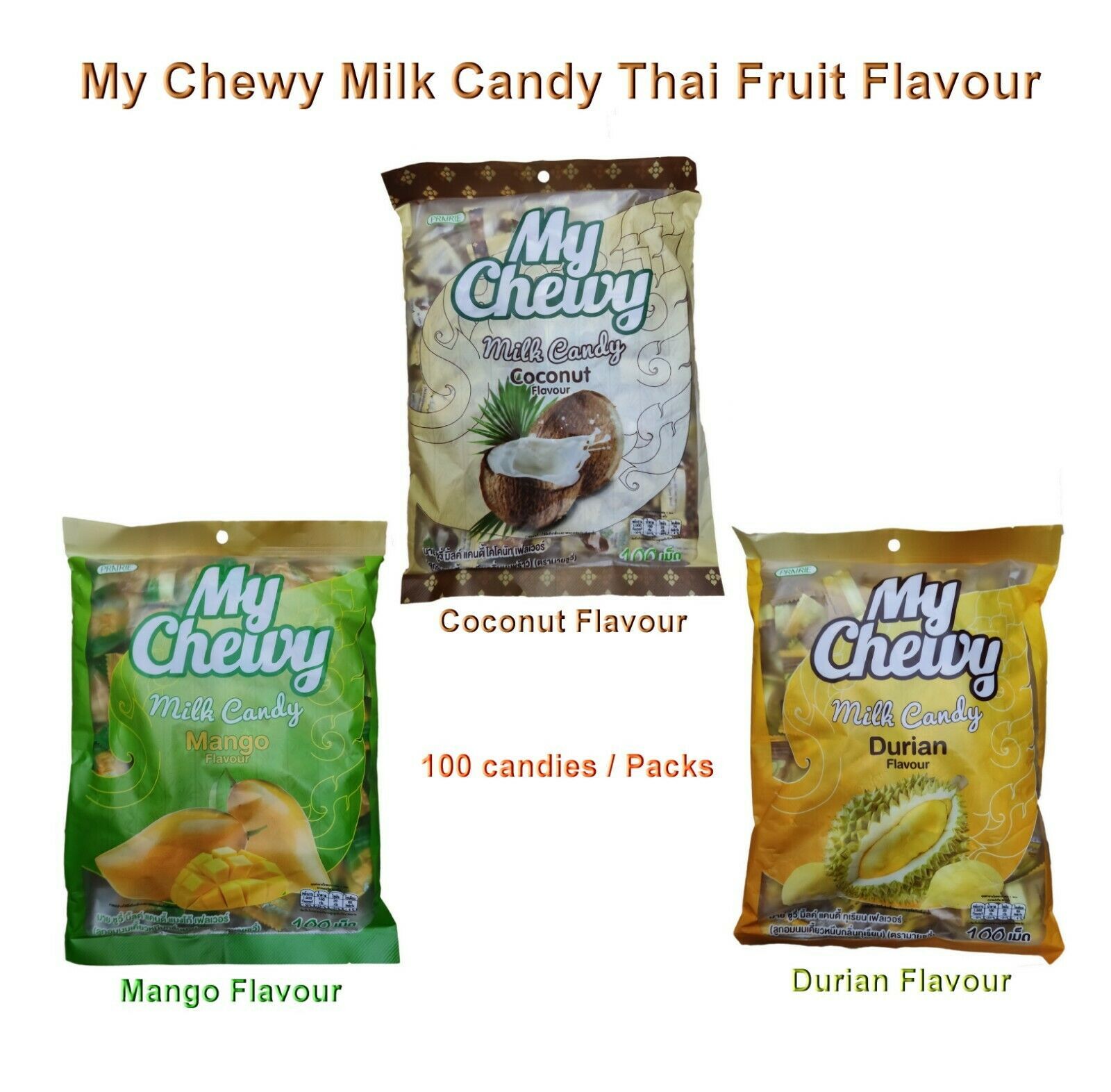 100 pcs / Bag My Chewy Durain Mango Coconut Milk Chewy Candy Thai Fruit