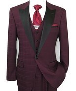Men&#39;s Tuxedo Suit Light Wool Statement Vested Formal Wedding Alberto Wine  - $80.00