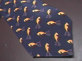 J Garcia Neck Tie Titled Fish Repeating Fish in Blues and Golds on Dark ... - $10.99