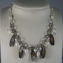 .925 RHODIUM SILVER NECKLACE WITH CRYSTALS, PEARLS AND OVAL MOTHER OF PEARL image 1