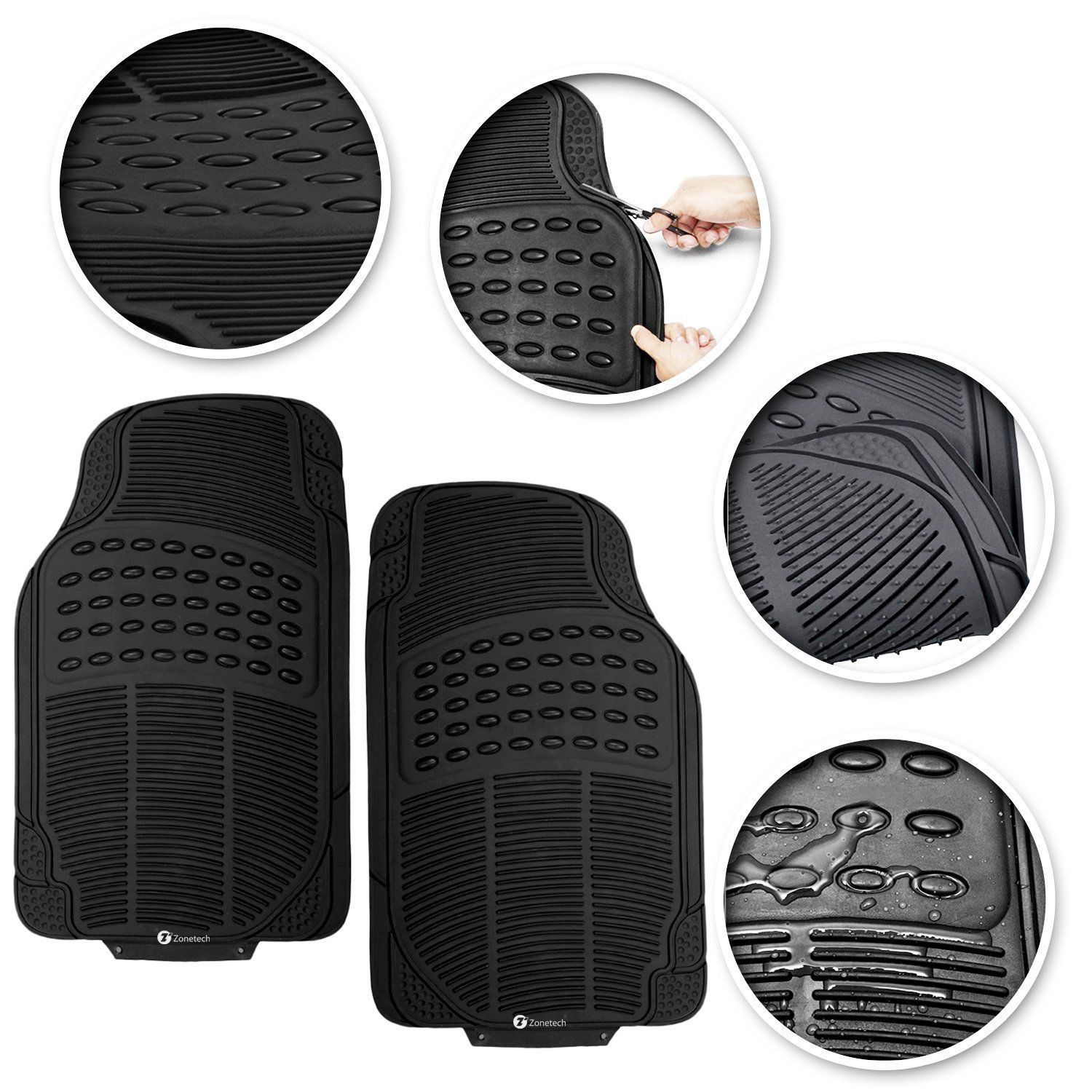 Zone Tech Black Car Rubber Floor Mats All Weather Heavy Duty 4pcs