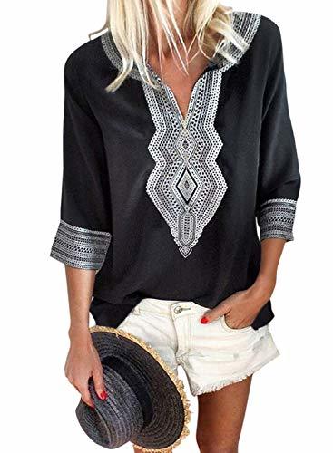 Aleumdr Women's Summer Boho Embroidered V Neck 3 4 Sleeve Tee Shirts ...