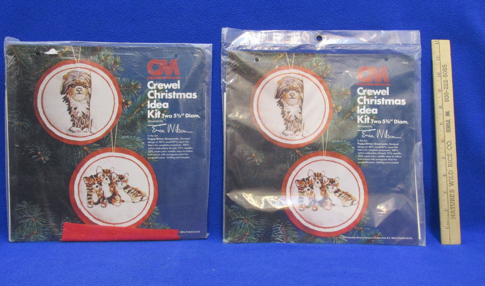 Primary image for Vintage Crewel Christmas Ornament Kit Dog & Cat Puppy & Kitty Complete Lot of 2