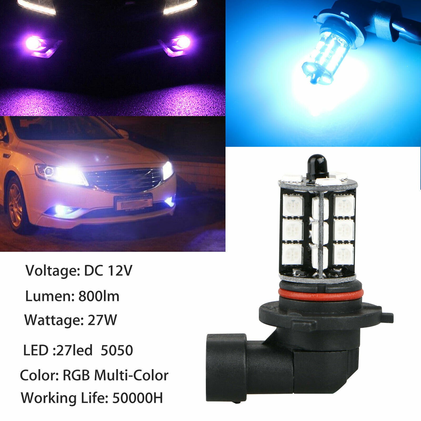 2X 9005 12V 27SMD 5050 MultiColor RGB LED Fog Lights Driving Bulbs