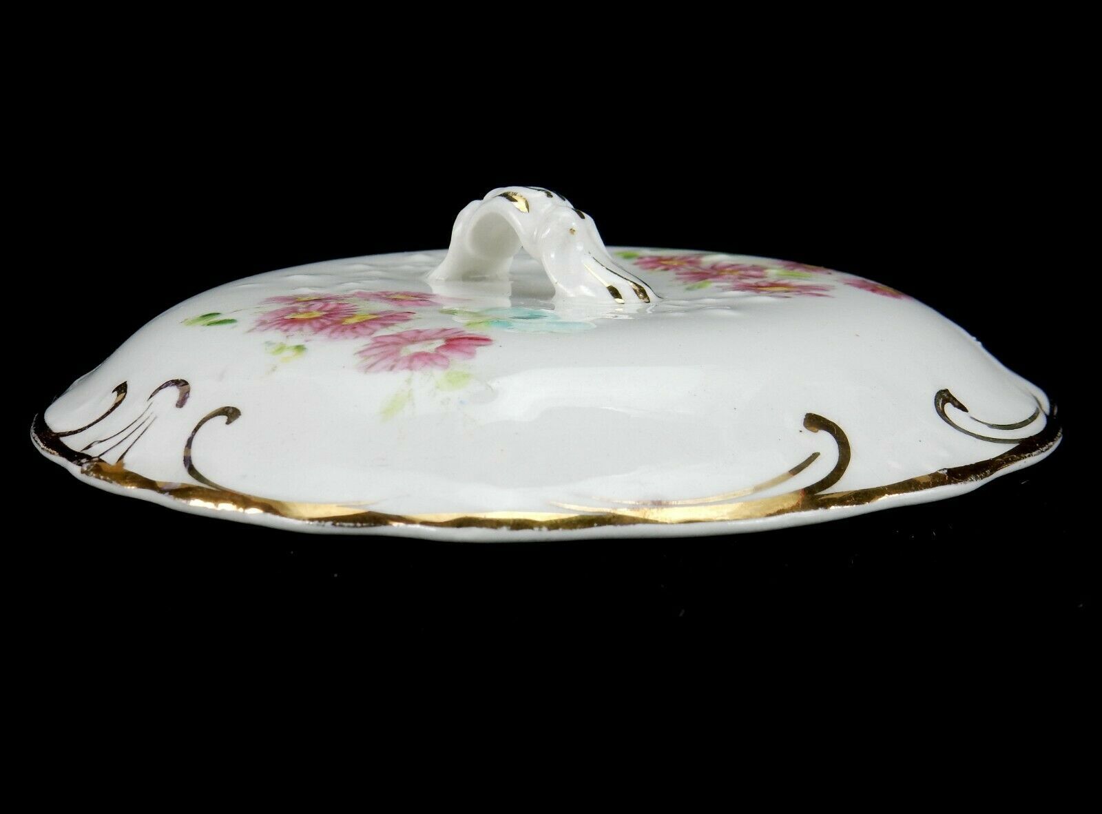 Porcelain Covered Dresser Dish, Dresden SemiPorcelain, Pink Flowers With Gold T Figurines