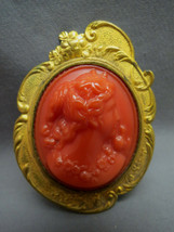 Victorian Celluloid Cameo Brooch Early Plastic Ornate Brass Frame Coral Look Vtg - $58.41