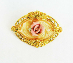 Avon Victorian rose collection pin pink china rose oval gold tone setting - $6.44