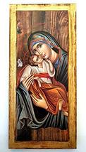 Handmade Wooden Greek Christian Orthodox Wood Icon of Virgin Mary & Jesus Christ - $39.50