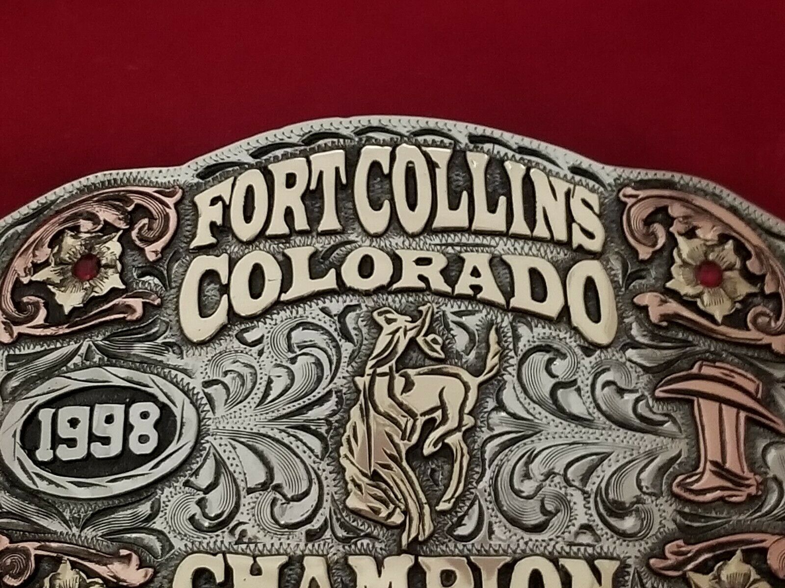 1998 RODEO TROPHY BELT BUCKLEFORT COLLINS COLORADO BRONC RIDE VINTAGE