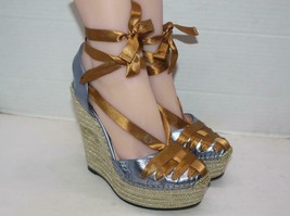 GUCCI Blue Leather and Gold Satin Ribbon Alexis Espadrille Wedges Size 39.5 - $420.75