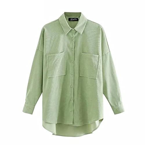 Women Pockets Patch Casual Loose Corduroy Blouse Office Lady Irregular Shirts Ch