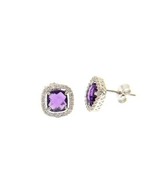 18K WHITE GOLD EARRINGS CUSHION SQUARE PURPLE AMETHYST AND CUBIC ZIRCONI... - $382.00