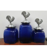 Blue Glass Ribbed Canister Set With Pewter Rooster Lids  3 pieces - £147.18 GBP