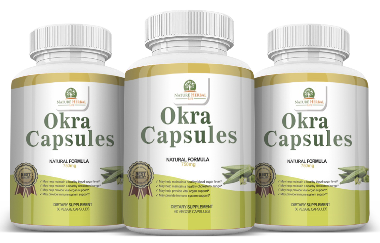 Okra Capsules. Blood Sugar Support Supplements. 3 Bottles (750mg) 60 Capsules