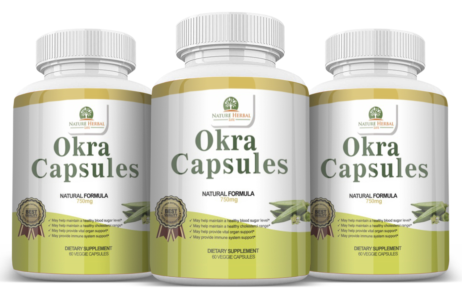 Okra Capsules. Blood Sugar Support Supplements. 3 Bottles (750mg) 60 Capsules Weight Management