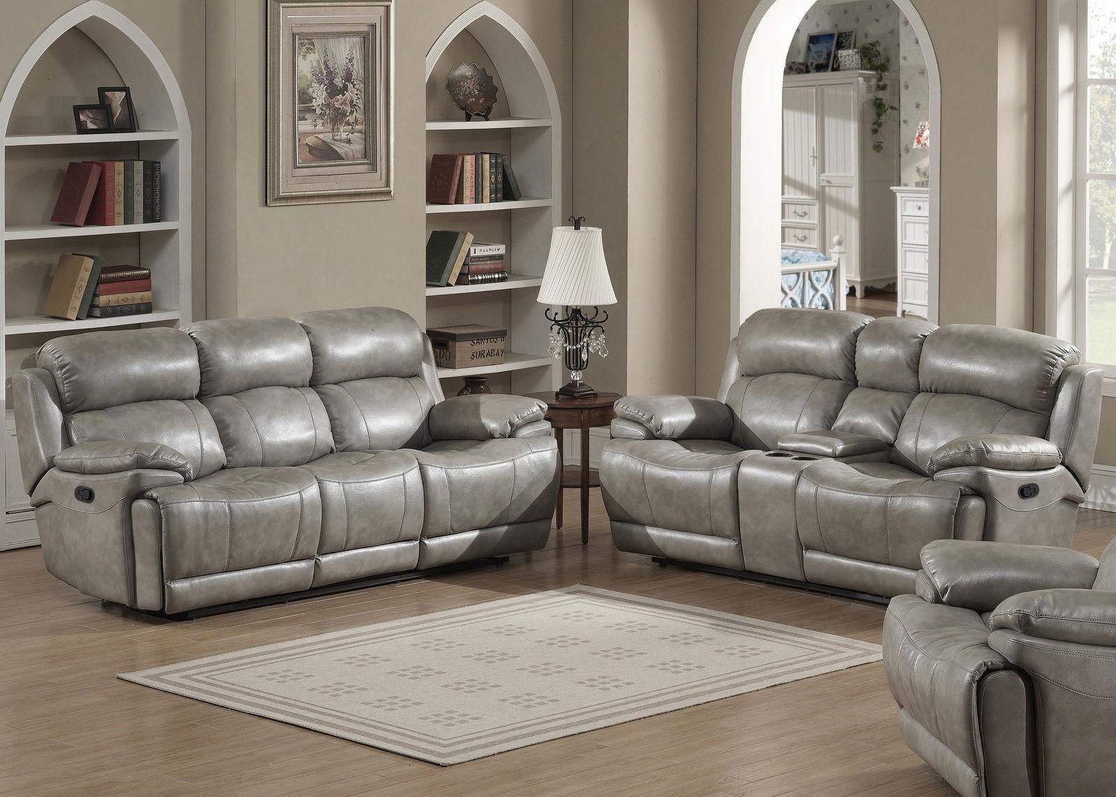 Contemporary Grey Leather Manual Recliner Living Room Set 3Pc AC