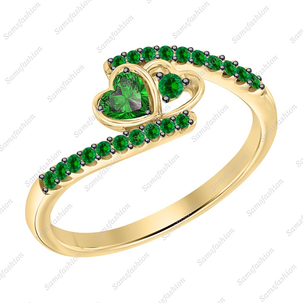 Heart Shaped Green Emerald 14k Yellow Gold 925 Silver Double Heart Promise Ring