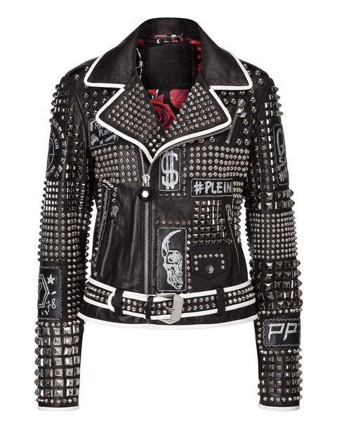 Image of New Woman Philipp Plein Rock Star Full Silver Studded Biker Jacket XS To XL