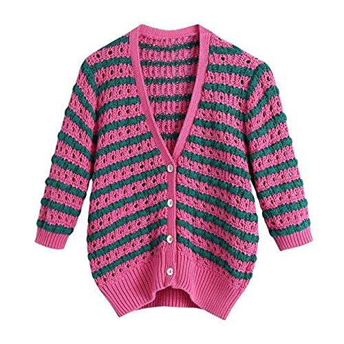 V Neck Color Matching Striped Print Hollow Out Crochet Knitted Sweater Female Ch