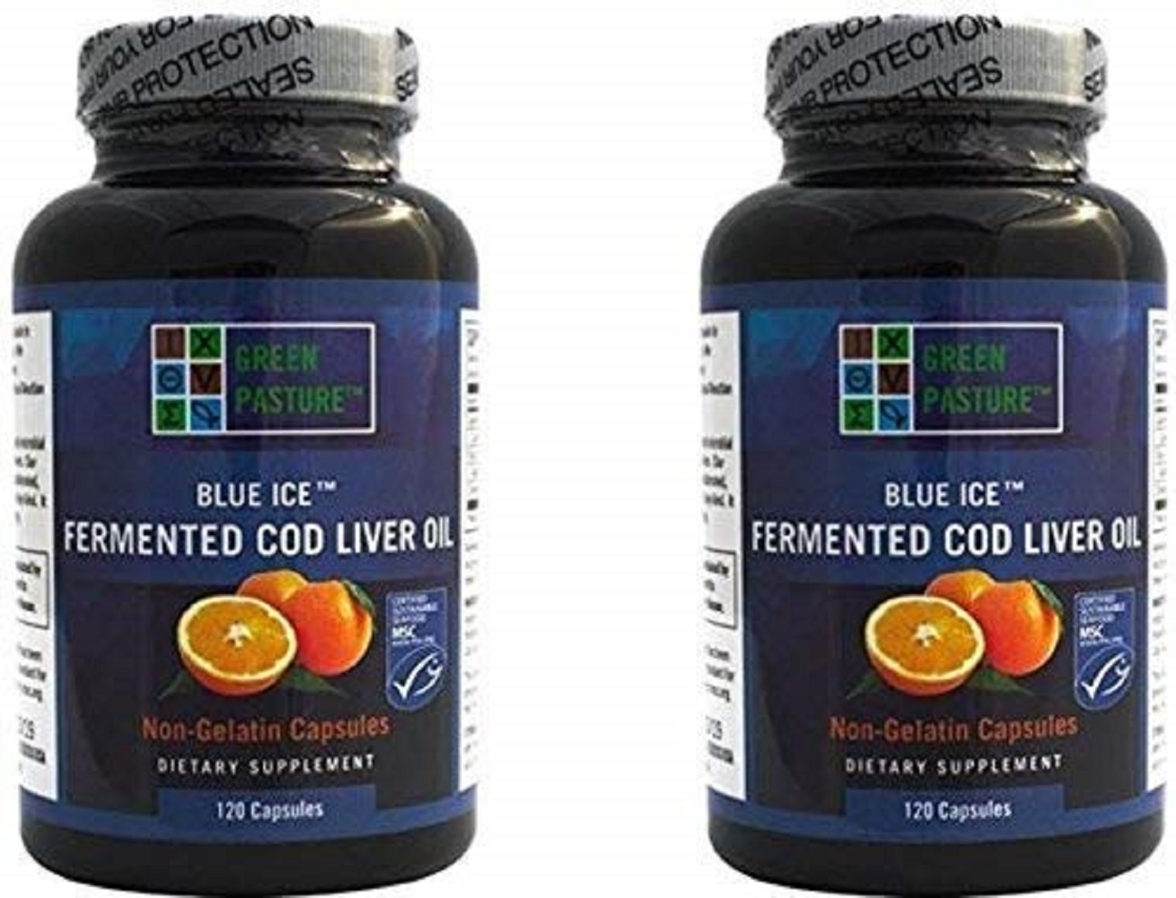 Blue Ice Fermented Cod Liver Oil - ORANGE Flavor - 120 Capsules - 2 Pack