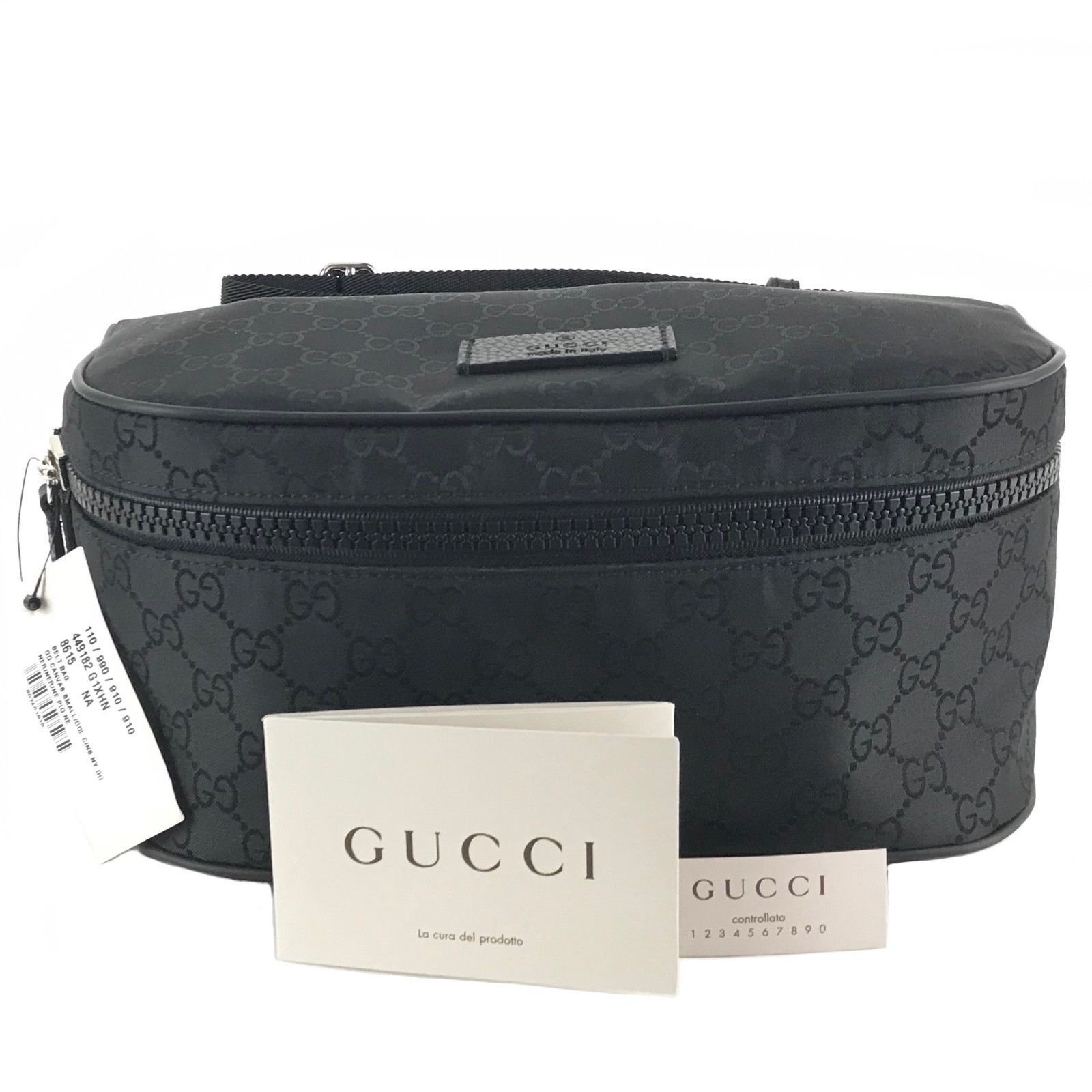 GUCCI 449182 GG Guccissima Black Nylon Canvas w/ Web Stripe Strap Belt Bag - Bags & Backpacks