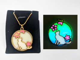 CAT and SAKURA Flowers GLOW in the DARK Gold Charm Necklace - Pendant Cute - $15.47