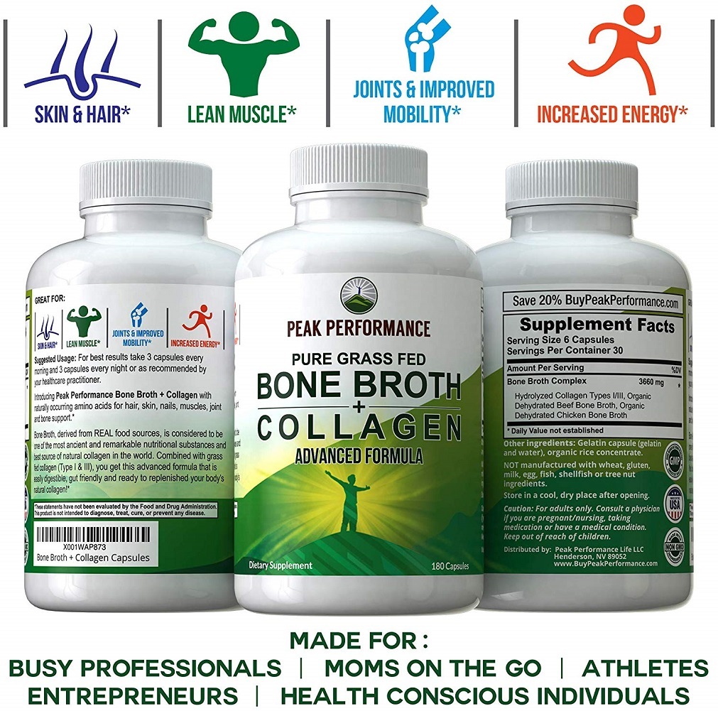 Bone Broth Collagen Capsules. 180 Pills of Grass Fed Bone Broth