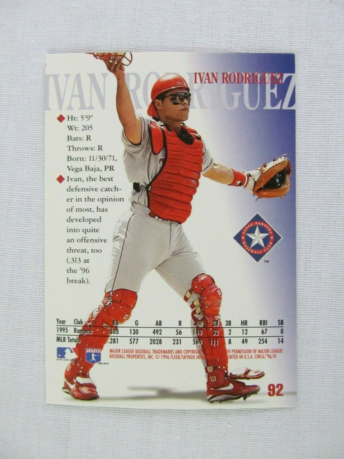 Ivan Rodriguez Texas Rangers 1996 Fleer Skybox Baseball Card 92 ...