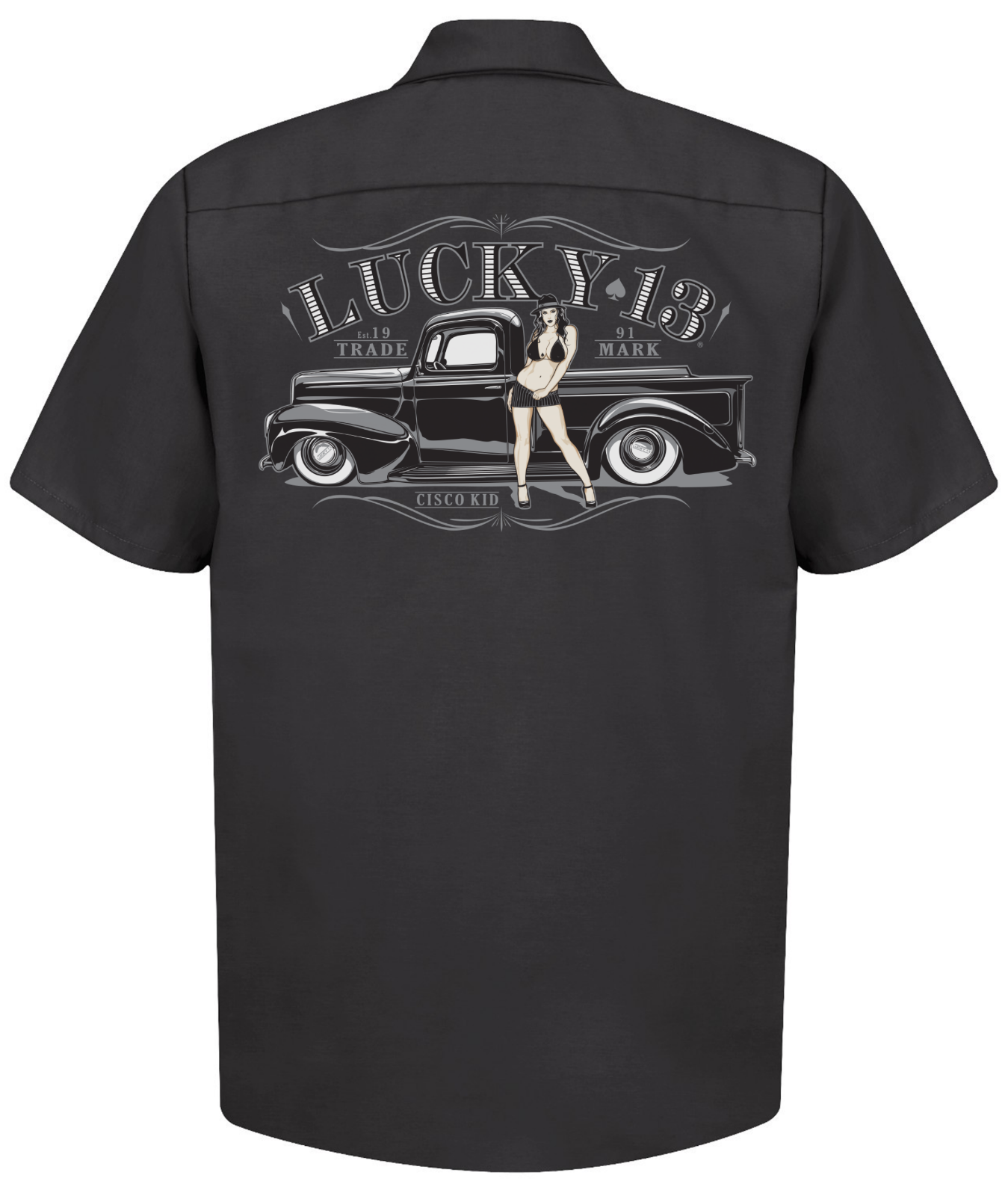 Lucky 13 Cisco Kid Hot Rod Pinup Rockabilly Cars Button Down Work Shirt ...