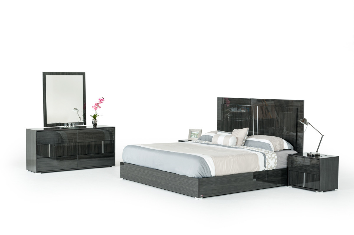 3pcs. Modrest Ari Italian Modern Grey Bed and Nightstands Beds & Bed Frames